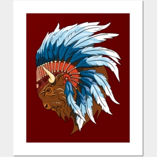 Buffalo head with indian headdress Posters and Art